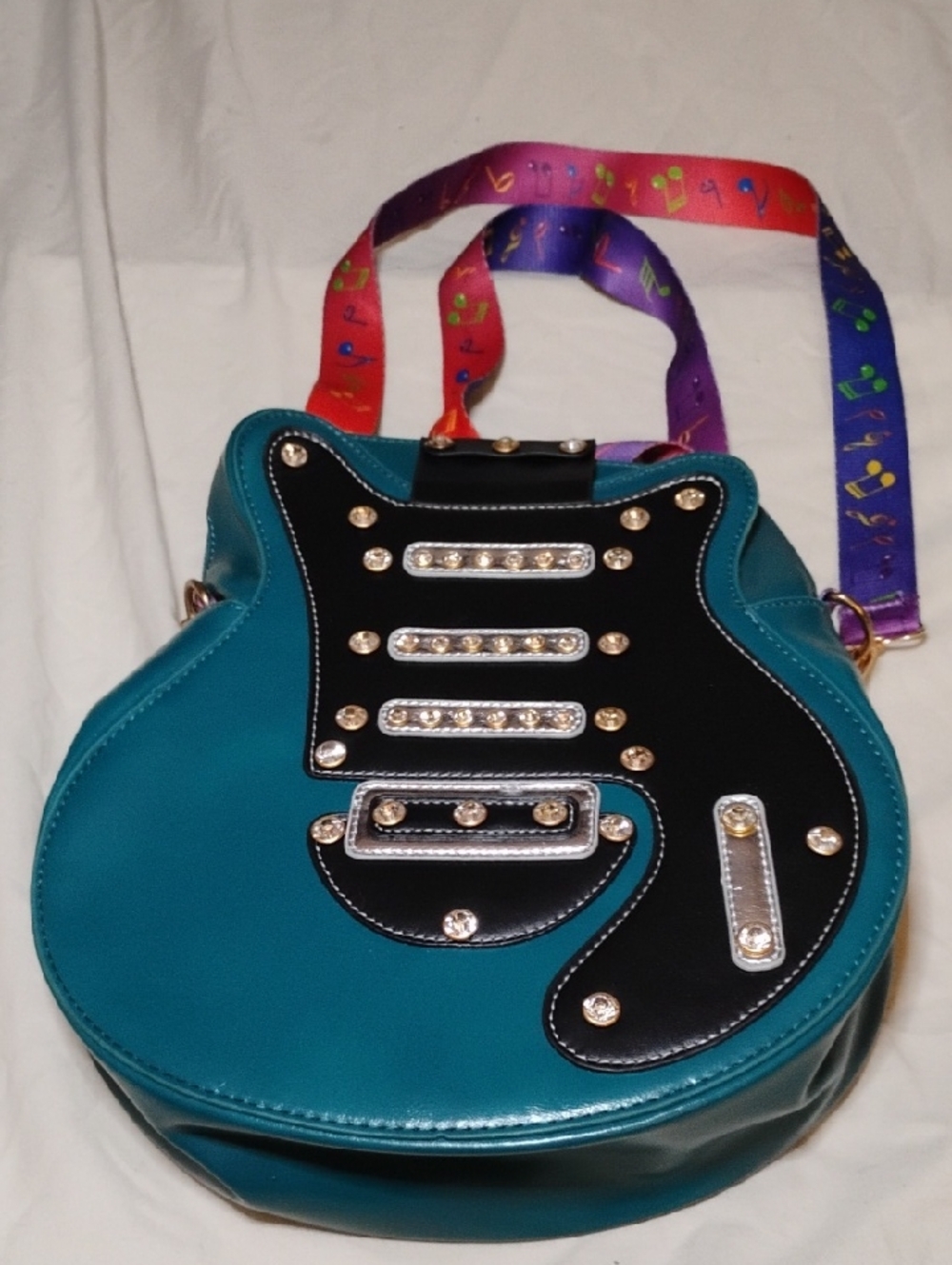Private Label Teal Guitar-Shaped Crossbody Bag with Multicolor Strap